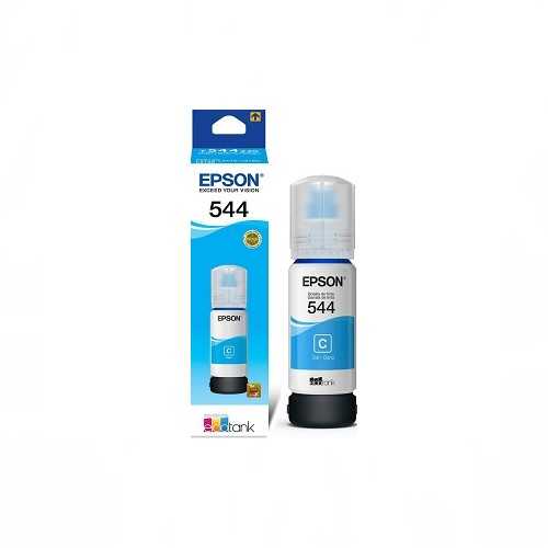 Botella de Tinta Cyan Epson 544, botella y caja